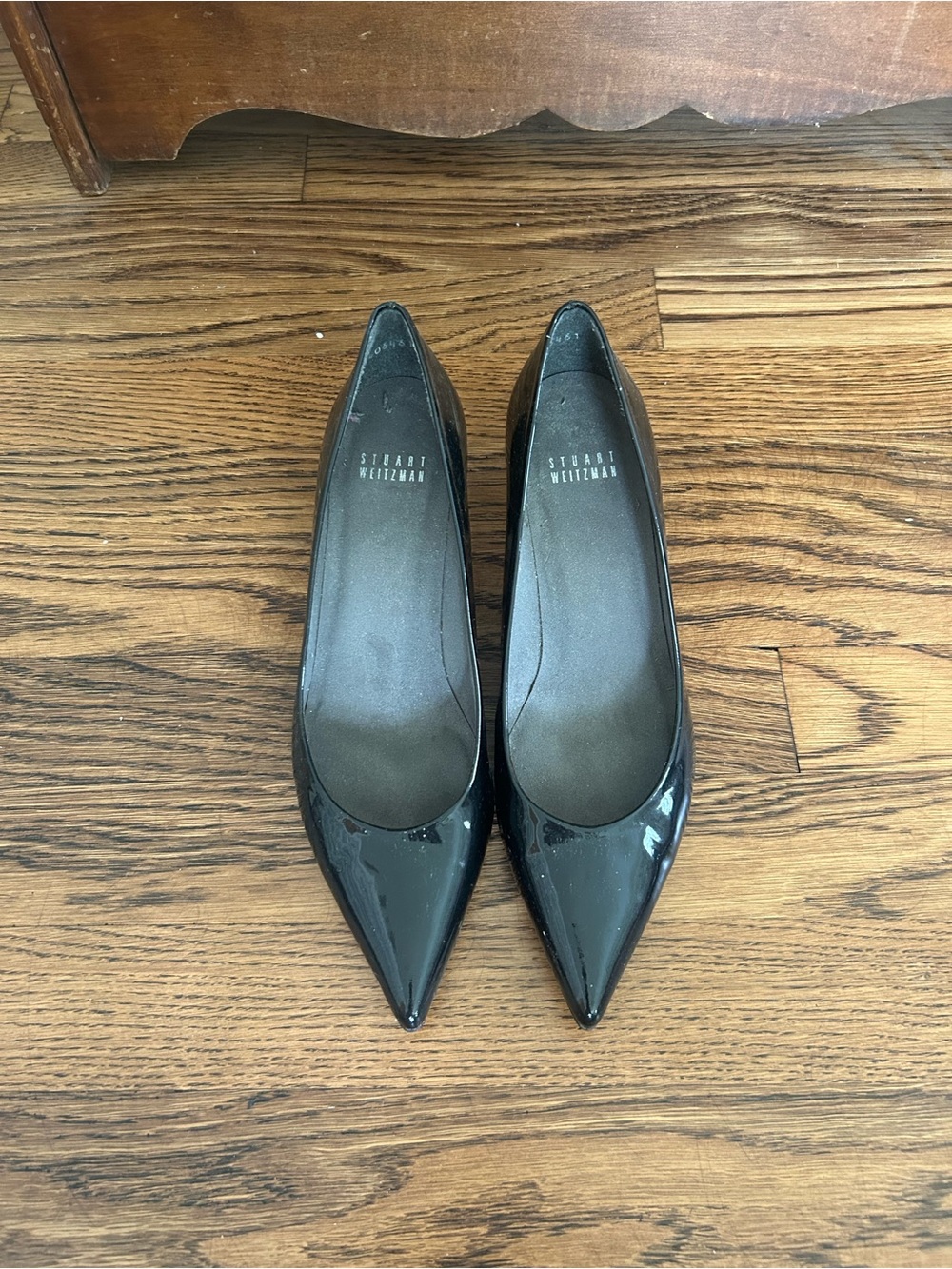 Stuart Weitzman Black Patent Pointed-Toe Kitten Heels